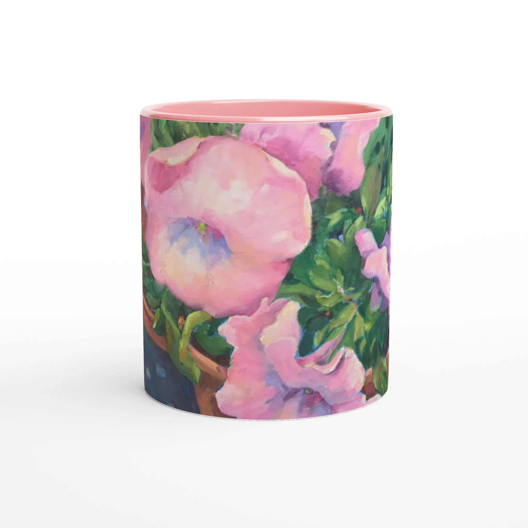 'Pink Petals in Bloom'  11oz White Ceramic Mug with Color Inside | Coffee Cup with 'May's First Born' Floral Artwork by American Artist Barbara Cleary