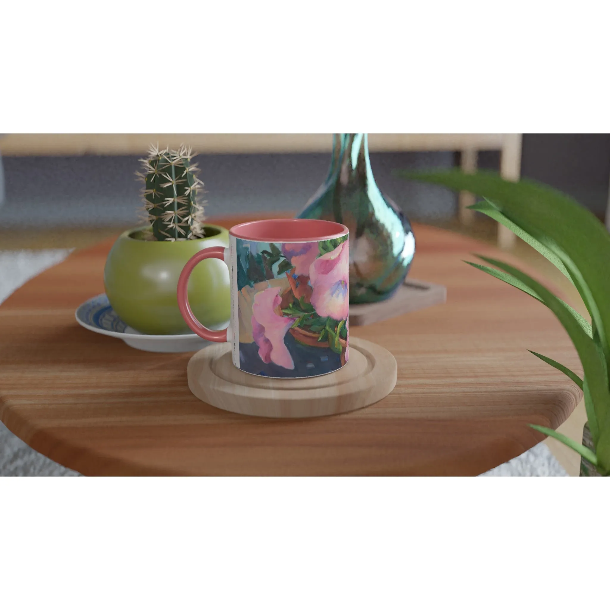 'Pink Petals in Bloom'  11oz White Ceramic Mug with Color Inside | Coffee Cup with 'May's First Born' Floral Artwork by American Artist Barbara Cleary