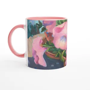 'Pink Petals in Bloom'  11oz White Ceramic Mug with Color Inside | Coffee Cup with 'May's First Born' Floral Artwork by American Artist Barbara Cleary