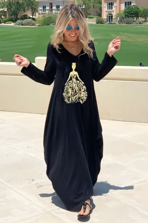 Princess Long V-Neck Cotton Dress - Black