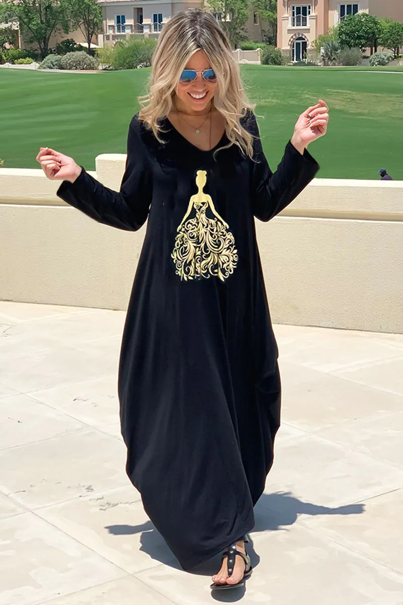 Princess Long V-Neck Cotton Dress - Black