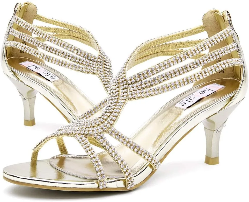SheSole Ladies Kitten Heels Low Heeled Strappy Sparkly Rhinestone Dressy Sandals Wedding Shoes