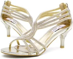 SheSole Ladies Kitten Heels Low Heeled Strappy Sparkly Rhinestone Dressy Sandals Wedding Shoes