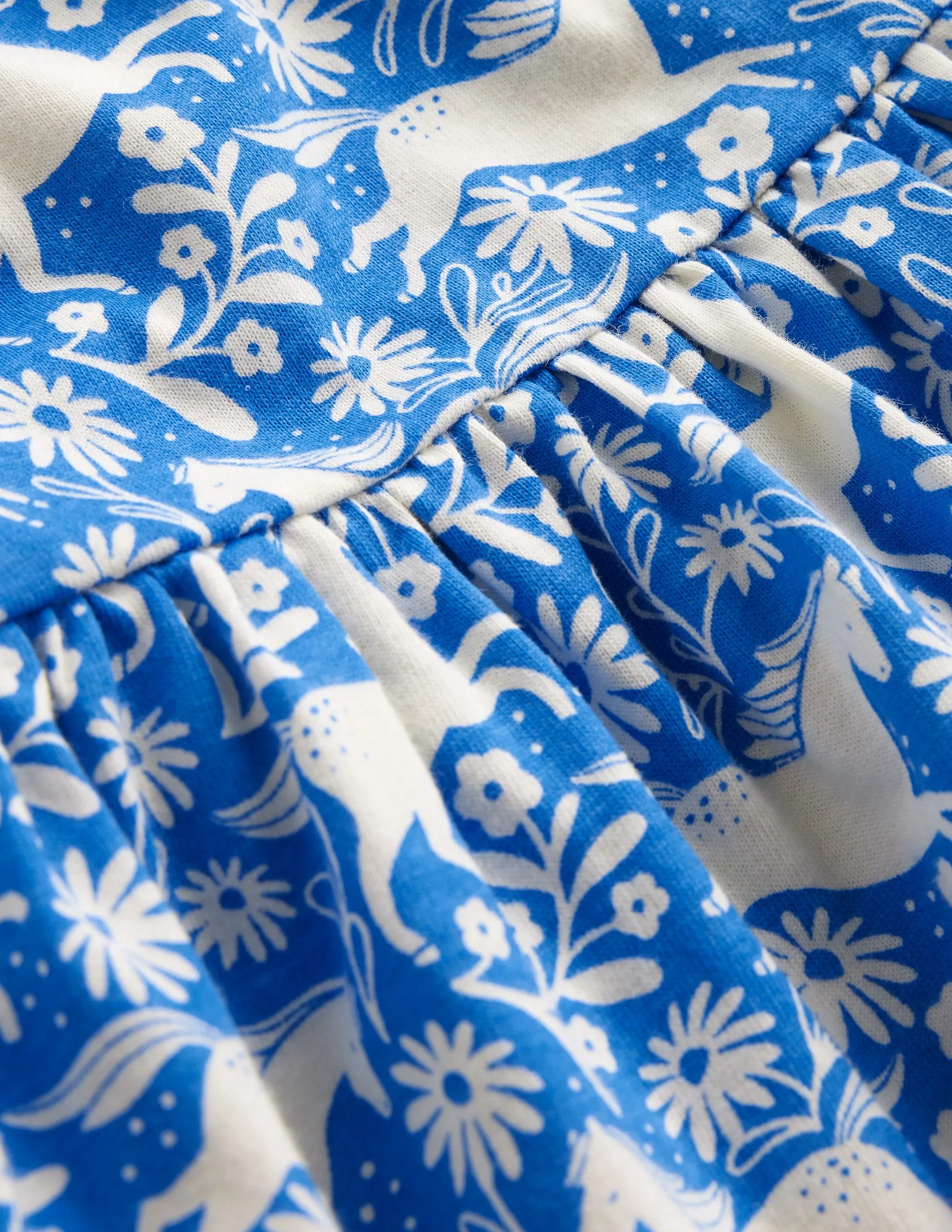 Short-sleeved Fun Jersey Dress-Peacock Plume Blue Horses