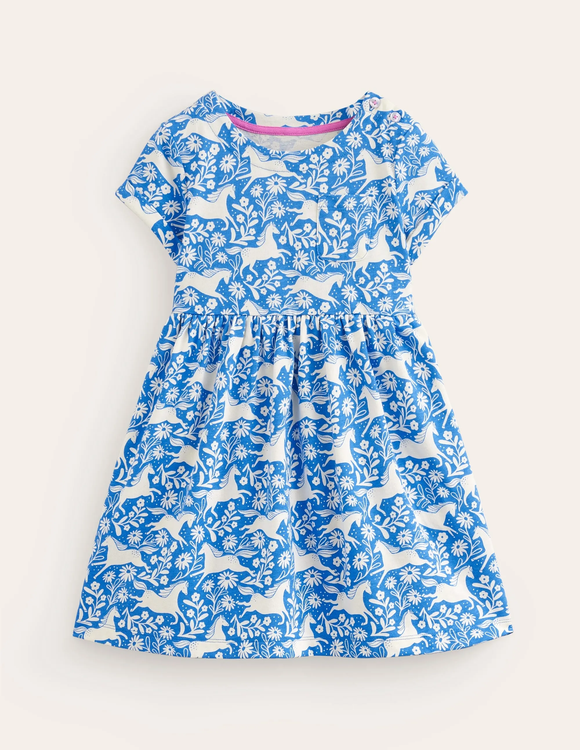 Short-sleeved Fun Jersey Dress-Peacock Plume Blue Horses
