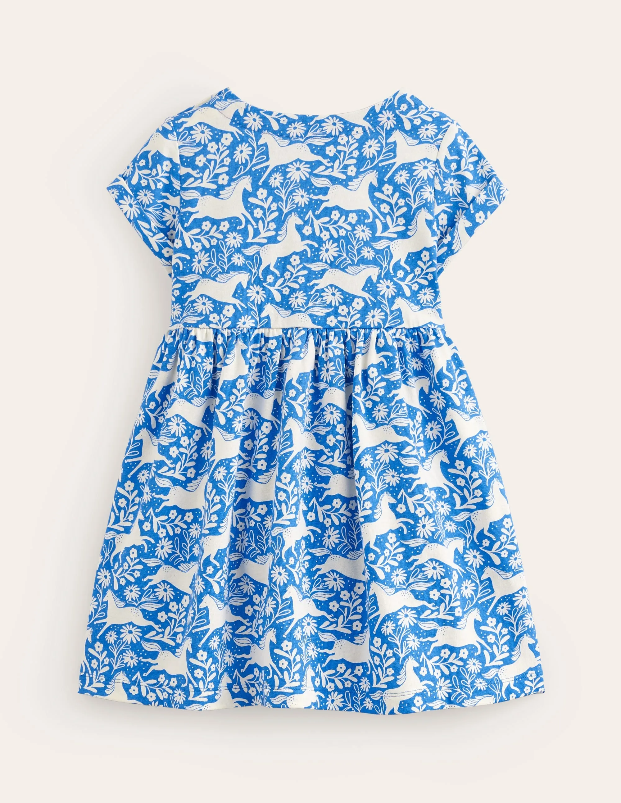 Short-sleeved Fun Jersey Dress-Peacock Plume Blue Horses