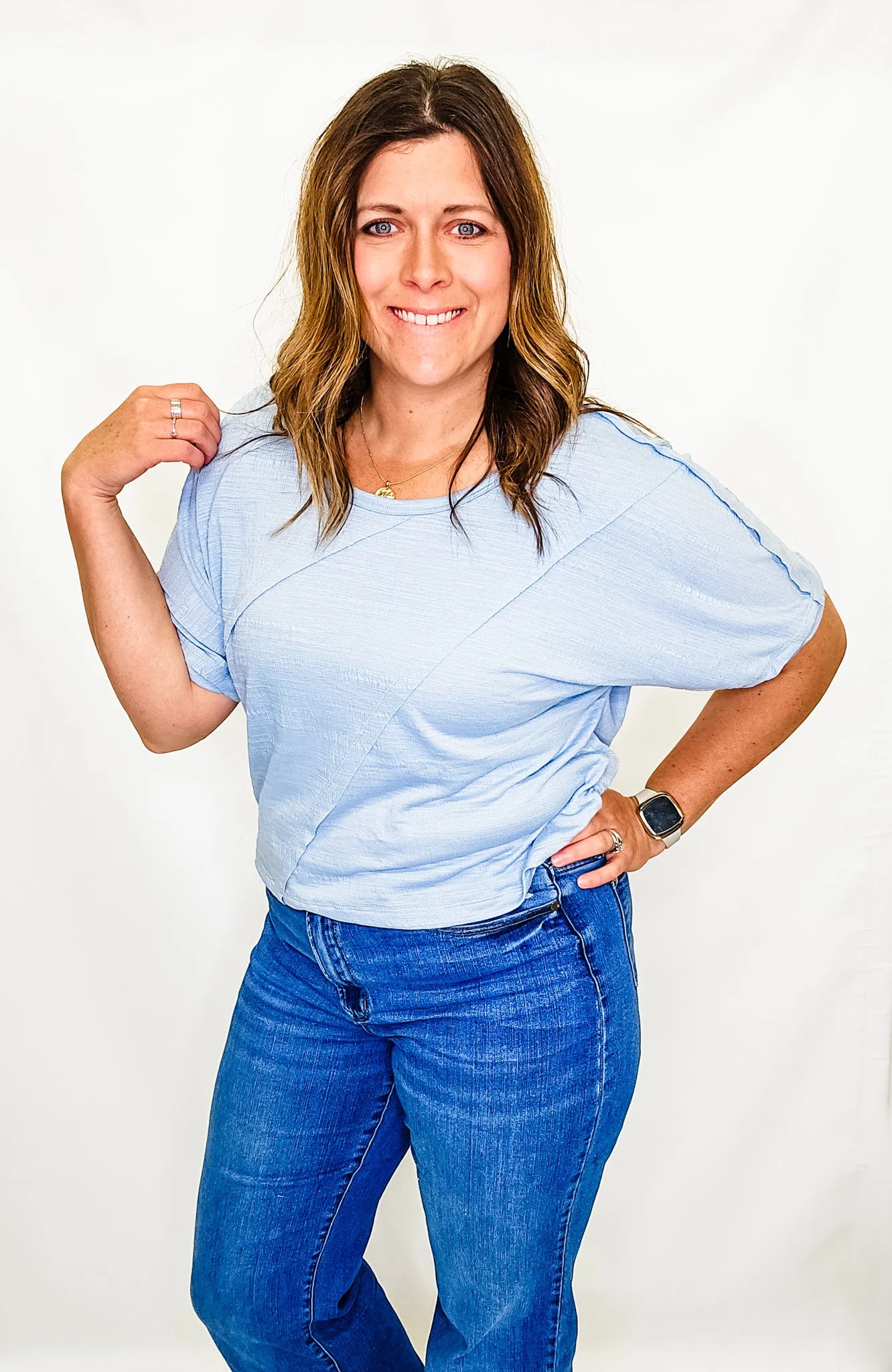 Solid, Reverse Seam Front Short Sleeve Top - Variety