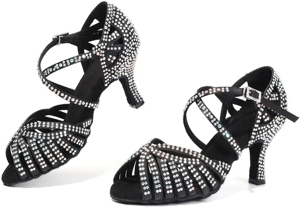SWDZM Women's Ballroom Dance Shoes Rhinestone Latin Salsa Heeled Party Dance Shoes,Model L379