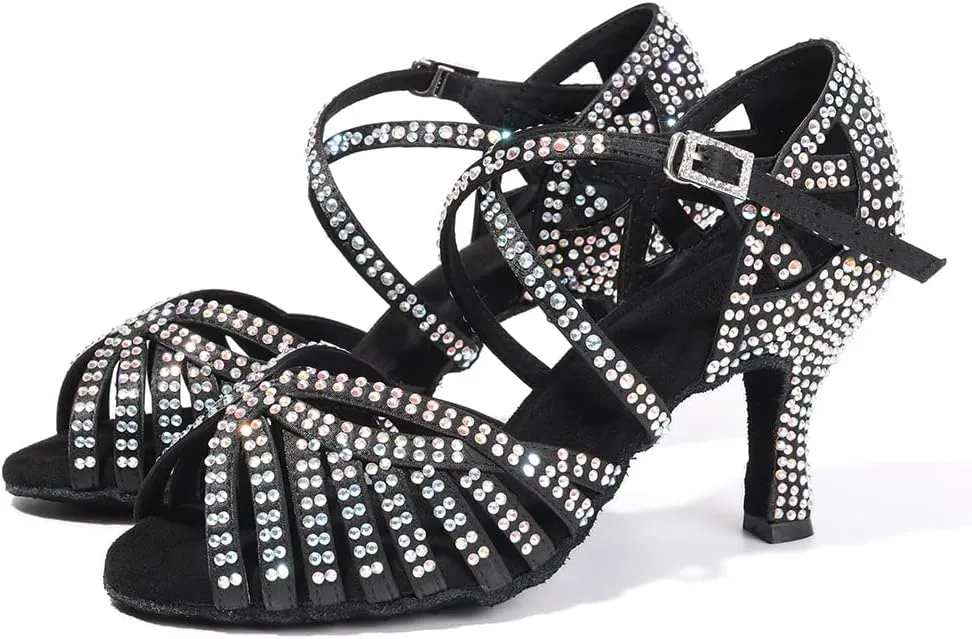 SWDZM Women's Ballroom Dance Shoes Rhinestone Latin Salsa Heeled Party Dance Shoes,Model L379