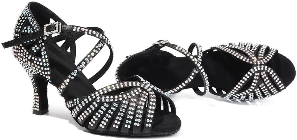 SWDZM Women's Ballroom Dance Shoes Rhinestone Latin Salsa Heeled Party Dance Shoes,Model L379