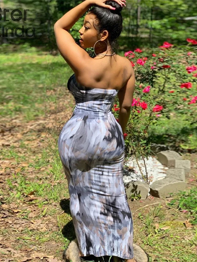 Tie Dye Skinny Strapless Maxi Dresses For Women Casual Street Sleeveless Sexy Tube Clubwear Party Birthday Dress Summer Clothes