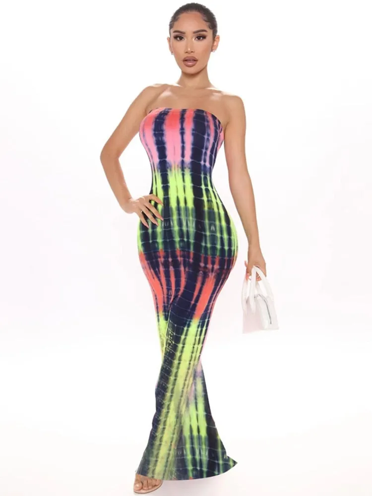 Tie Dye Skinny Strapless Maxi Dresses For Women Casual Street Sleeveless Sexy Tube Clubwear Party Birthday Dress Summer Clothes