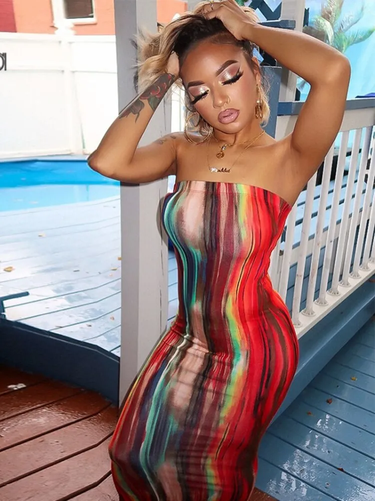 Tie Dye Skinny Strapless Maxi Dresses For Women Casual Street Sleeveless Sexy Tube Clubwear Party Birthday Dress Summer Clothes