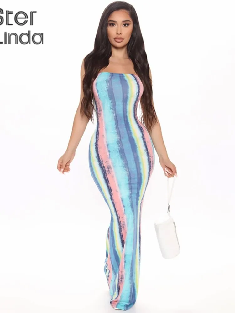 Tie Dye Skinny Strapless Maxi Dresses For Women Casual Street Sleeveless Sexy Tube Clubwear Party Birthday Dress Summer Clothes