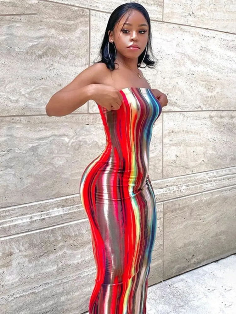 Tie Dye Skinny Strapless Maxi Dresses For Women Casual Street Sleeveless Sexy Tube Clubwear Party Birthday Dress Summer Clothes