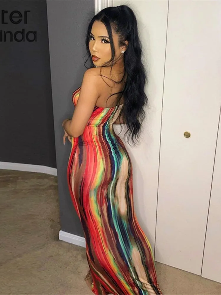 Tie Dye Skinny Strapless Maxi Dresses For Women Casual Street Sleeveless Sexy Tube Clubwear Party Birthday Dress Summer Clothes