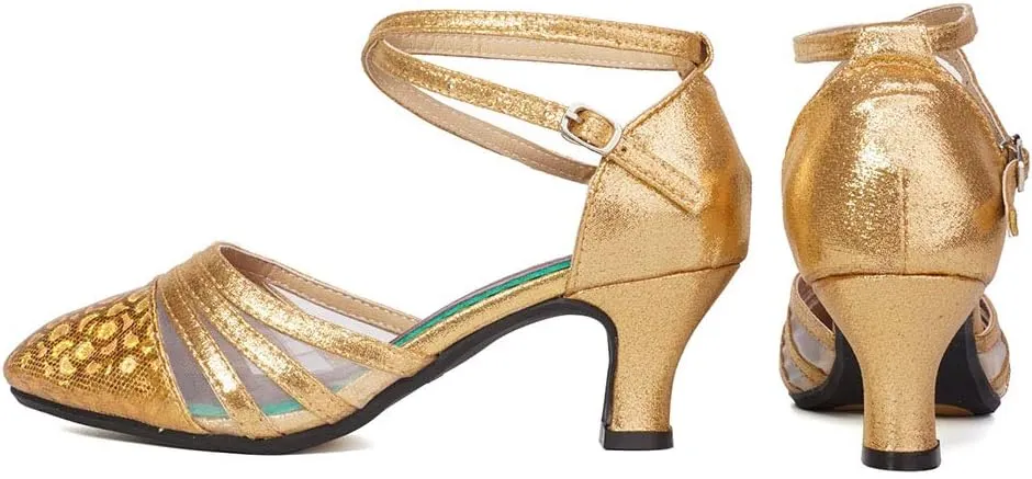 TINRYMX Women's Ankle Strap Closed Toe Glitter Latin Salsa Tango Dance Shoes Party Ballroom Dance Shoes DY302