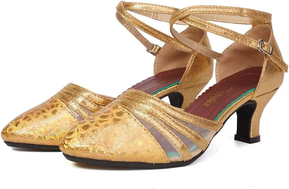 TINRYMX Women's Ankle Strap Closed Toe Glitter Latin Salsa Tango Dance Shoes Party Ballroom Dance Shoes DY302