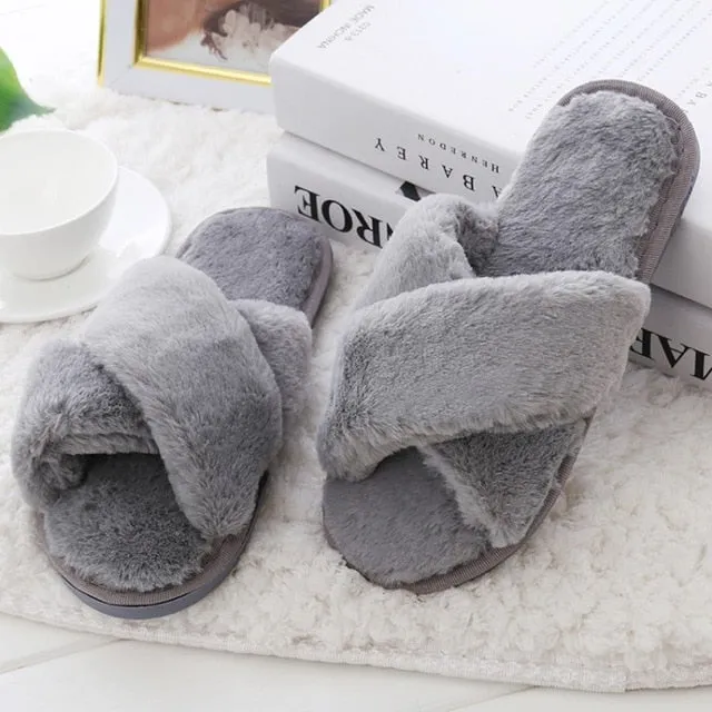 Winter Fashion Women Home Slippers with Faux Fur Warm Shoes
