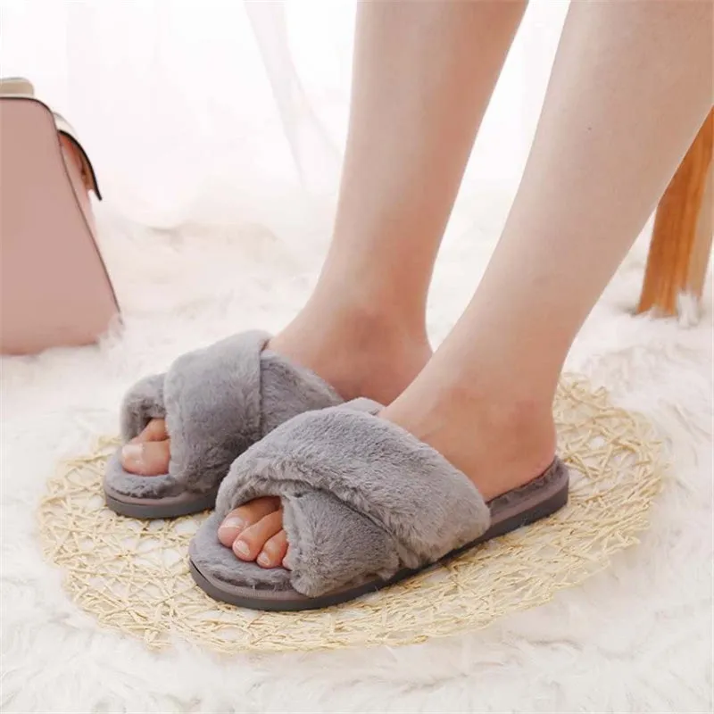 Winter Fashion Women Home Slippers with Faux Fur Warm Shoes