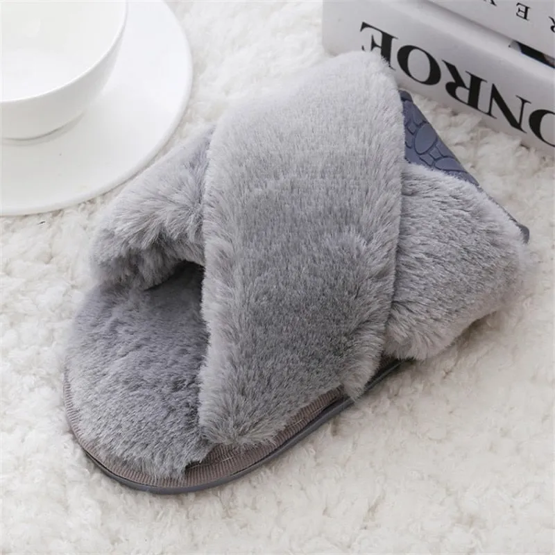 Winter Fashion Women Home Slippers with Faux Fur Warm Shoes
