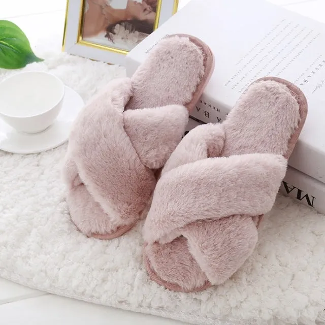 Winter Fashion Women Home Slippers with Faux Fur Warm Shoes