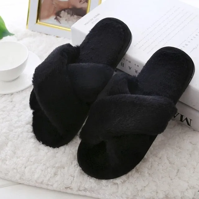 Winter Fashion Women Home Slippers with Faux Fur Warm Shoes