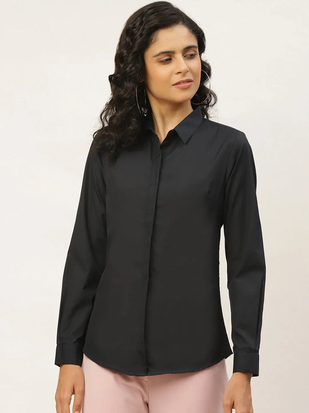 Women Black Solids Pure Cotton Slim Fit Formal Shirt
