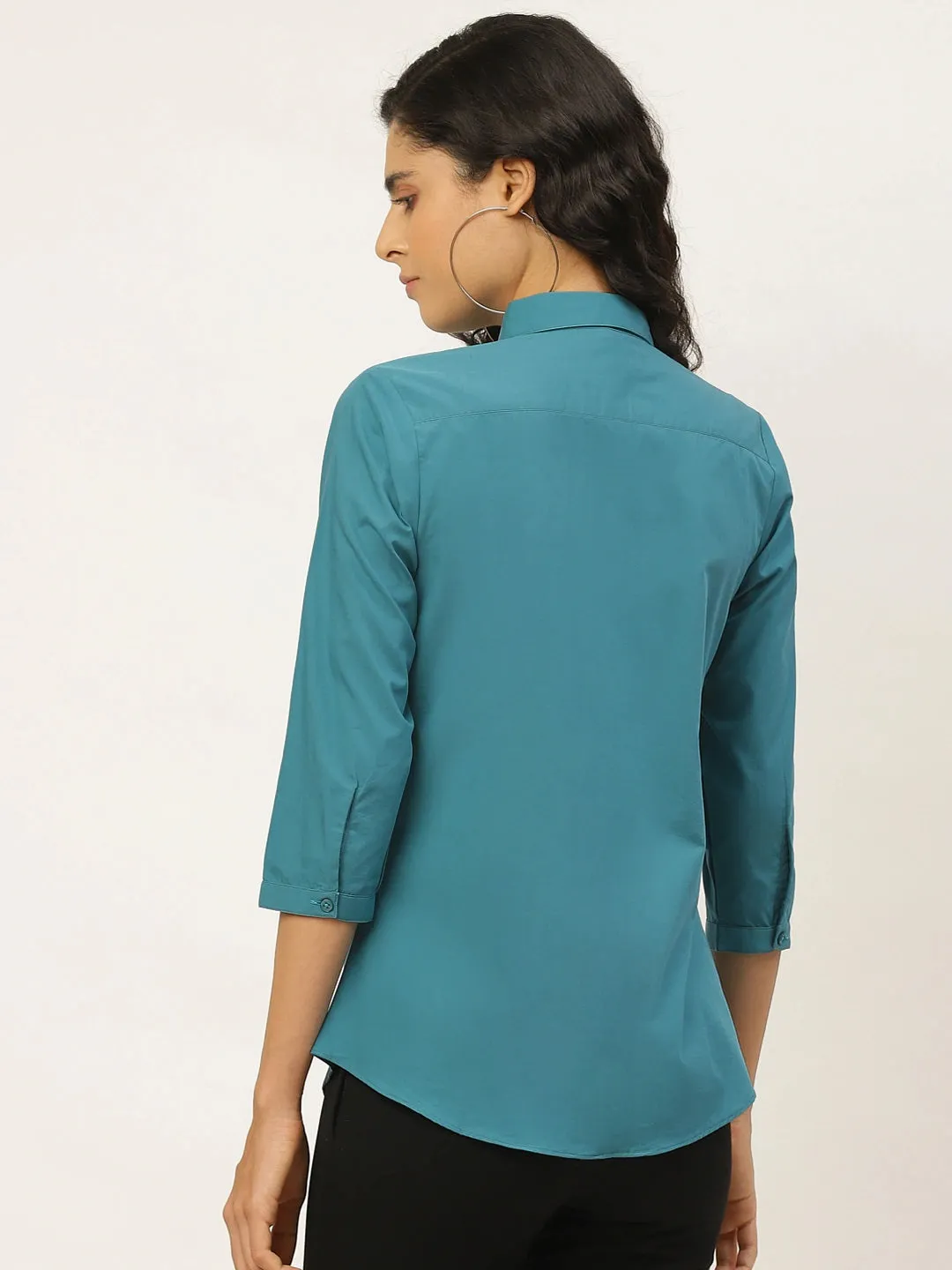 Women Turquoise Blue Solids Pure Cotton Slim Fit Formal Shirt