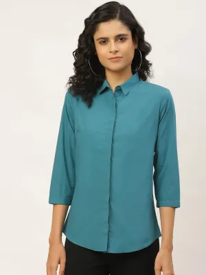 Women Turquoise Blue Solids Pure Cotton Slim Fit Formal Shirt