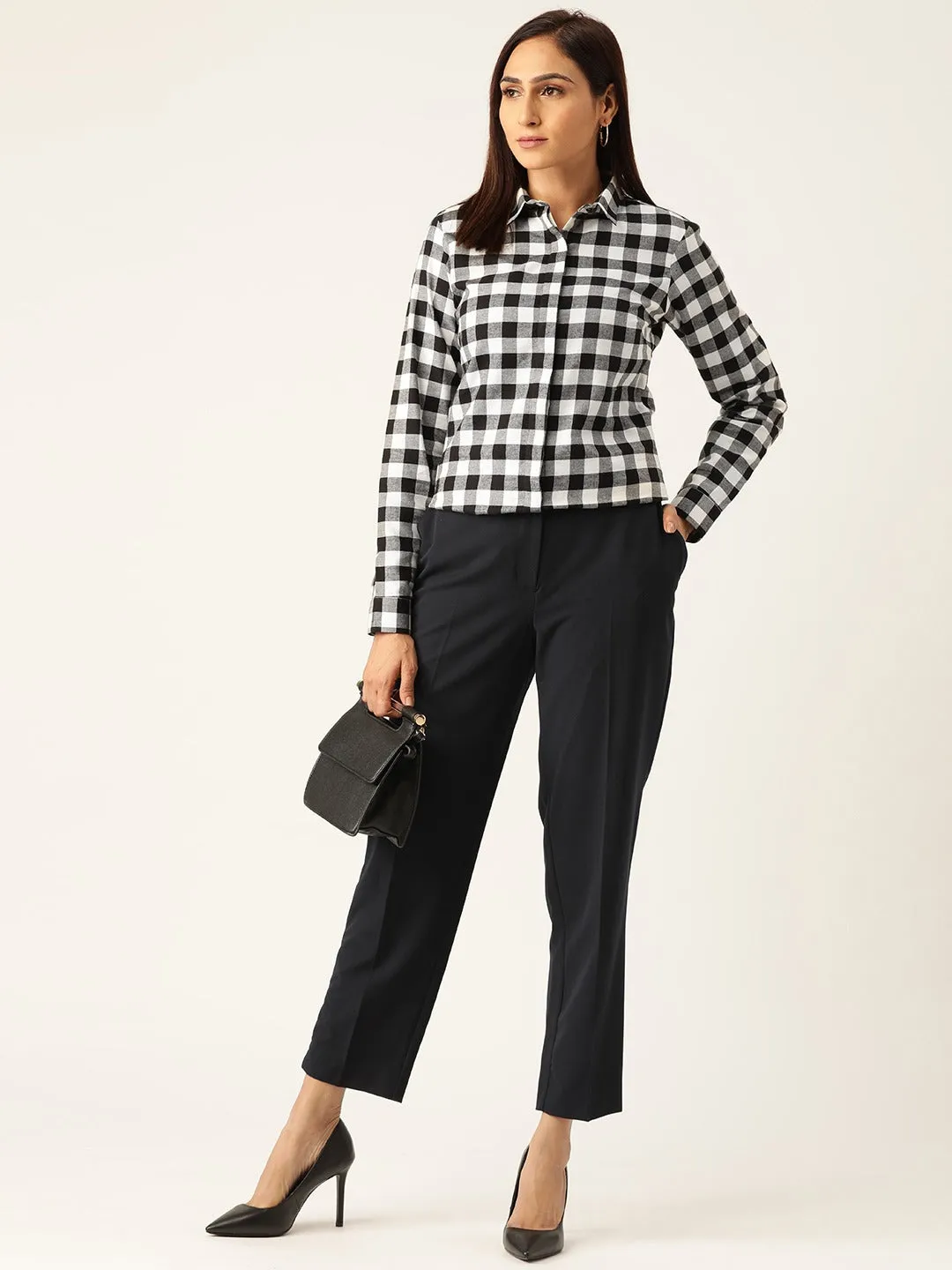 Women White Checks Pure Cotton Slim Fit Formal Shirt