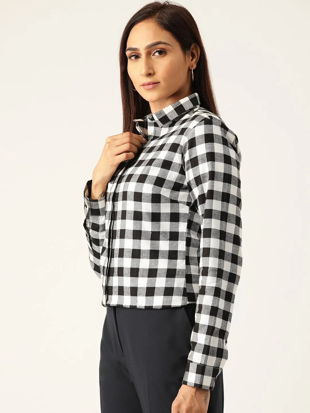 Women White Checks Pure Cotton Slim Fit Formal Shirt