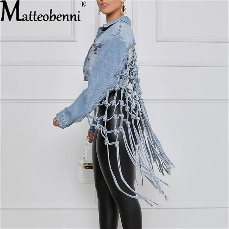 Womens Autumn 2021 New Fit Crop Tops Back Grid Tassel Design Long Sleeve Jean Coat Ladies Casual Street Plus Size Denim Jacket