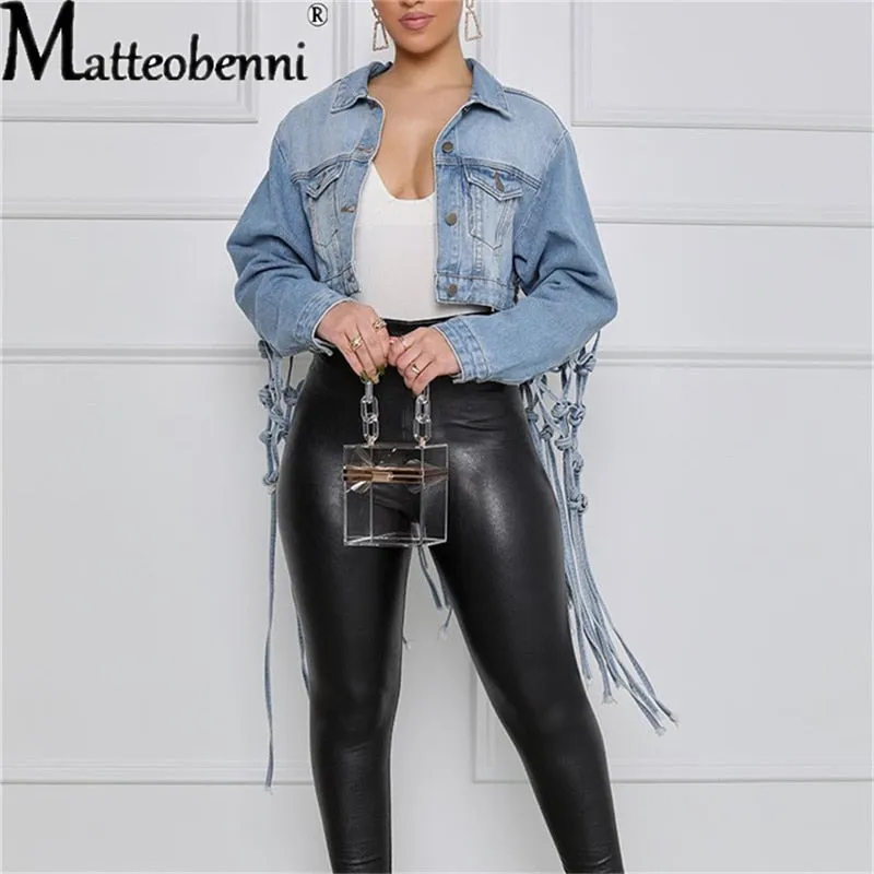 Womens Autumn 2021 New Fit Crop Tops Back Grid Tassel Design Long Sleeve Jean Coat Ladies Casual Street Plus Size Denim Jacket