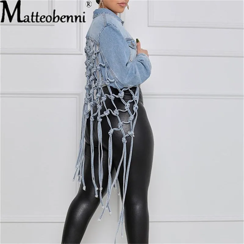 Womens Autumn 2021 New Fit Crop Tops Back Grid Tassel Design Long Sleeve Jean Coat Ladies Casual Street Plus Size Denim Jacket