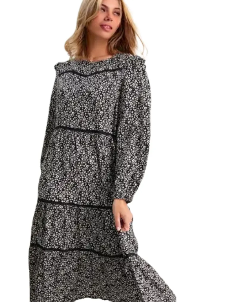 Women's Mono Ditsy Floral Print Tiered Midi Dress in Black