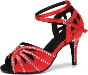 YKXLM Women Rhinestone Ballroom Dance Shoes Latin Performance Dance Shoes Women Suede Sole,L162,3 1/3 inches Heel,Red,5.5 US